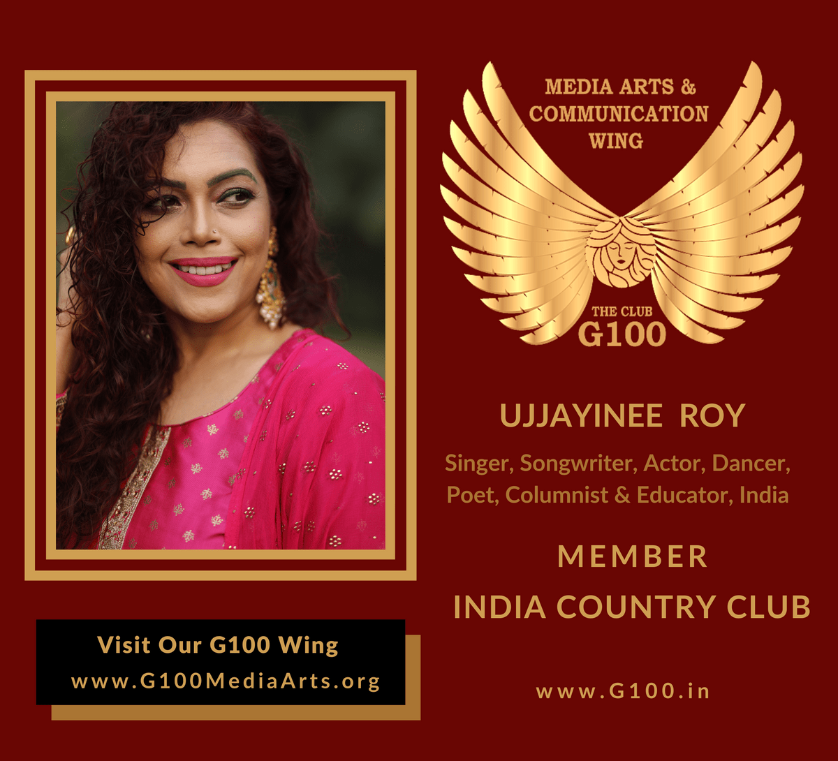 Ujjayinee Roy is a member of the India Country Club at G100 Media Arts & Communication Ujjayinee Roy is a member of the India Country Club at G100 Media Arts & Communication
