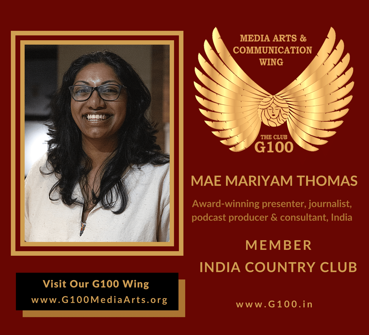 Mae Mariyam Thomas is a member of the India Country Club at G100 Media Arts & Communication Mae Mariyam Thomas is a member of the India Country Club at G100 Media Arts & Communication