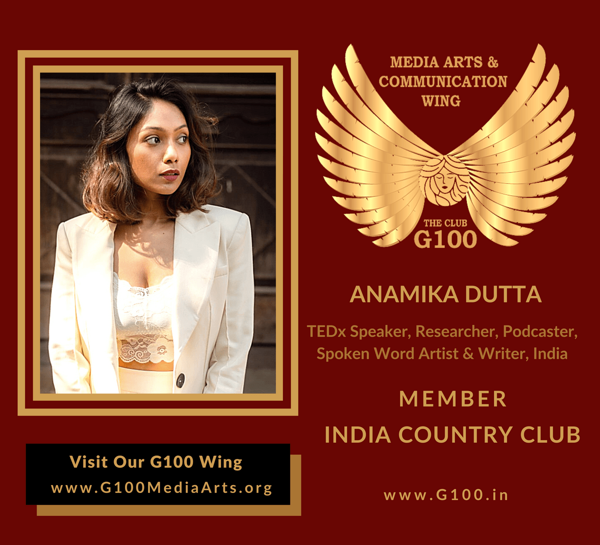 Anamika Dutta is a member of the India Country Club at G100 Media Arts & Communication Anamika Dutta is a member of the India Country Club at G100 Media Arts & Communication