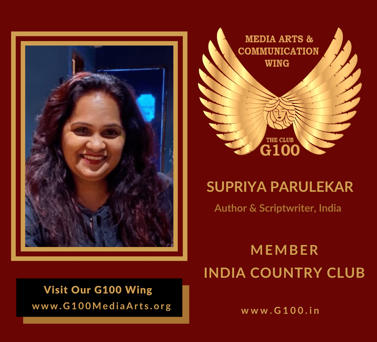 Supriya Parulekar is a member of the India Country Club at G100 Media Arts & Communication Supriya Parulekar is a member of the India Country Club at G100 Media Arts & Communication