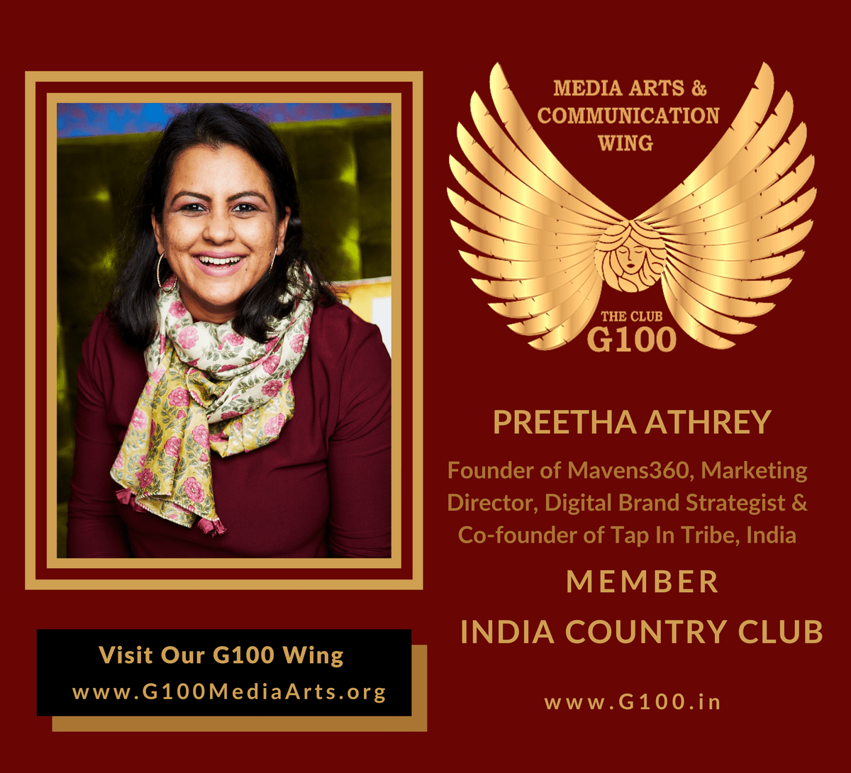 Preetha Athrey is a member of the India Country Club at G100 Media Arts & Communication Preetha Athrey is a member of the India Country Club at G100 Media Arts & Communication