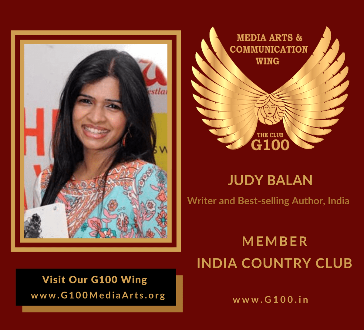 Judy Balan is a member of the India Country Club at G100 Media Arts & Communication Judy Balan is a member of the India Country Club at G100 Media Arts & Communication