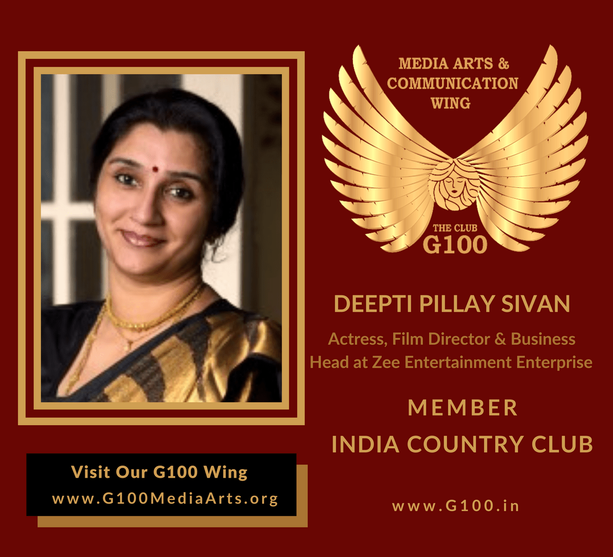 Deepti Pillay Sivan is a member of the India Country Club at G100 Media Arts & Communication Deepti Pillay Sivan is a member of the India Country Club at G100 Media Arts & Communication