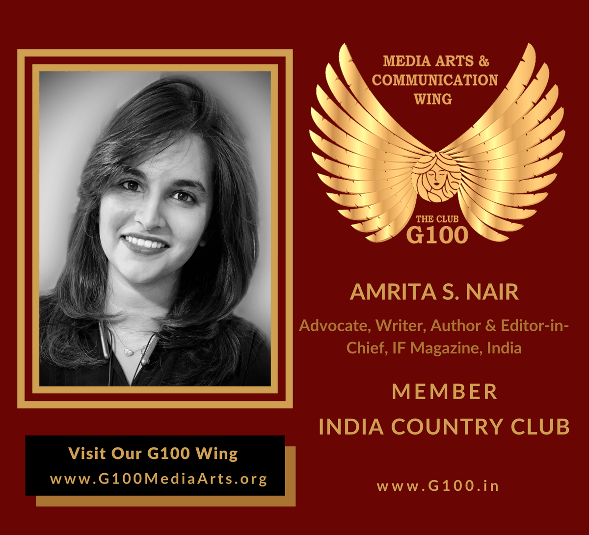 Amrita S. Nair is a member of the India Country Club at G100 Media Arts & Communication Amrita S. Nair is a member of the India Country Club at G100 Media Arts & Communication