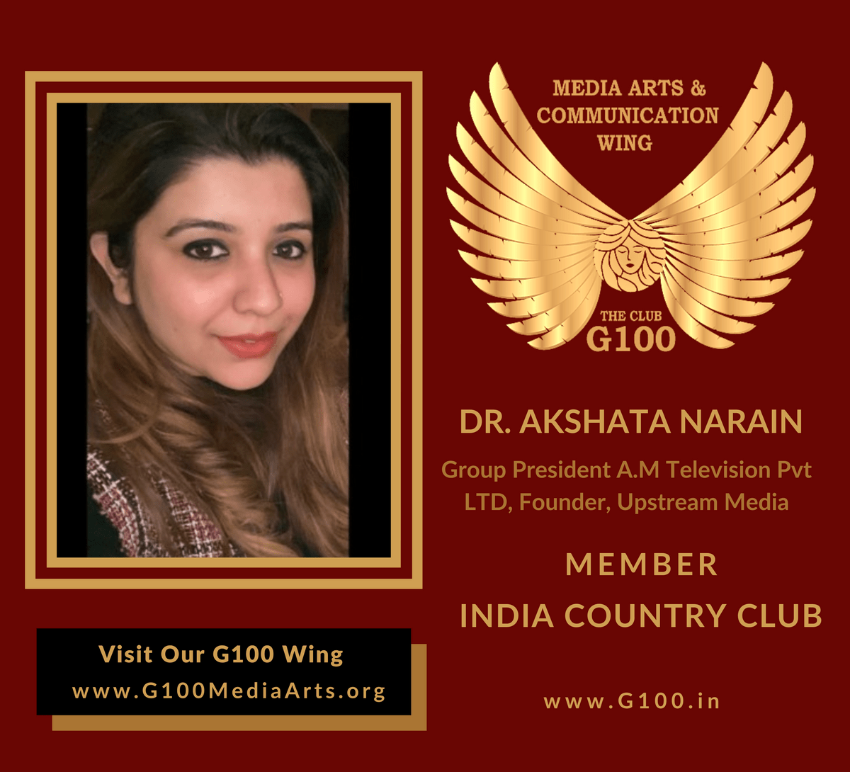 Dr. Akshata Narain is a member of the India Country Club at G100 Media Arts & Communication Dr. Akshata Narain is a member of the India Country Club at G100 Media Arts & Communication