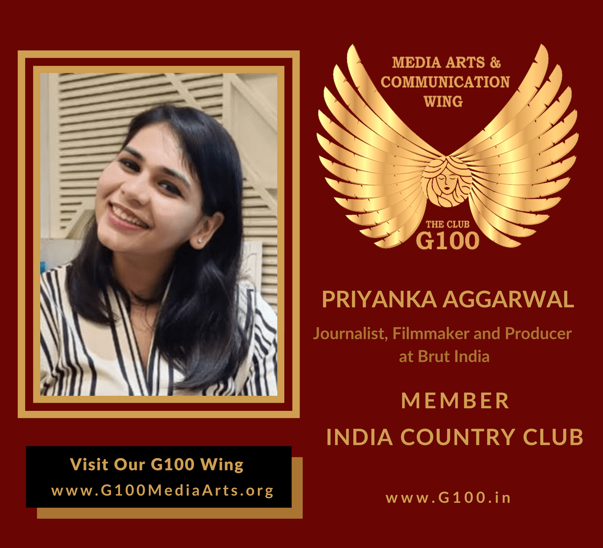 Priyanka Aggarwal is a member of the India Country Club at G100 Media Arts & Communication Priyanka Aggarwal is a member of the India Country Club at G100 Media Arts & Communication