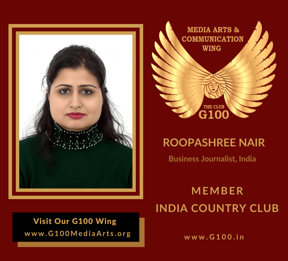 Roopashree Nair is a member of the India Country Club at G100 Media Arts & Communication Roopashree Nair is a member of the India Country Club at G100 Media Arts & Communication