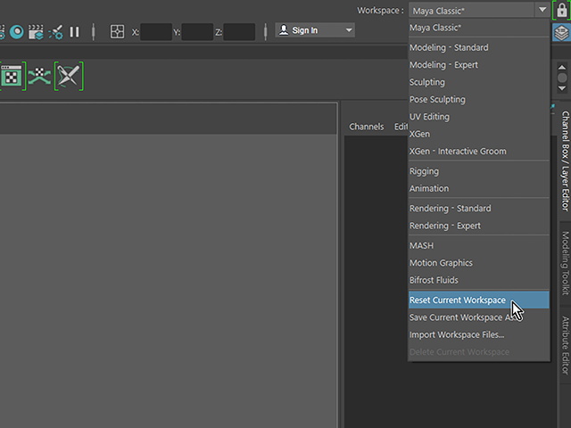 Maya2018 Reset Current Workspace Maya2018 Reset Current Workspace