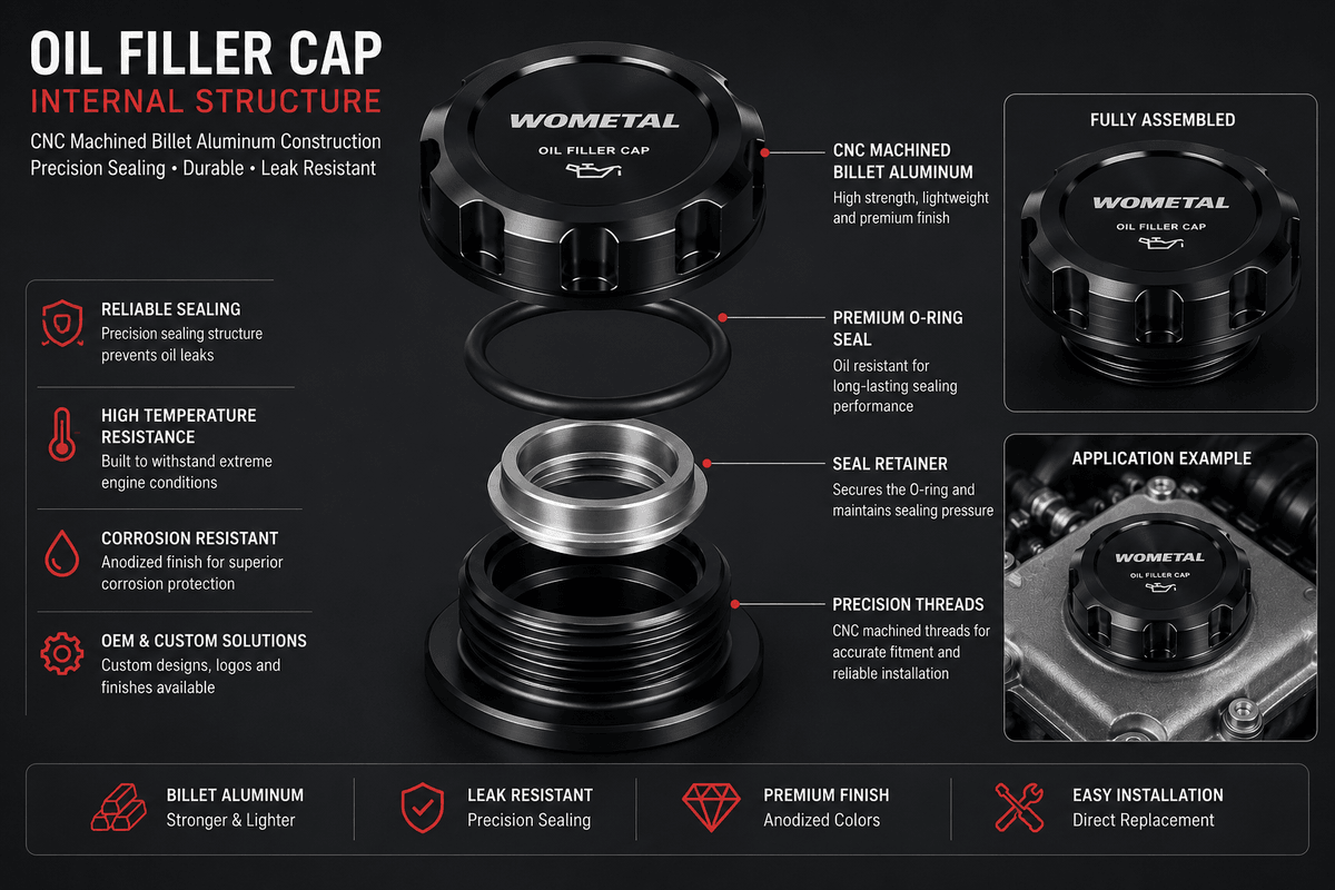 Internal structure of billet aluminum oil filler cap showing CNC machined components, precision sealing, O-ring assembly, and threaded installation for performance engines Internal structure of billet aluminum oil filler cap showing CNC machined components, precision sealing, O-ring assembly, and threaded installation for performance engines