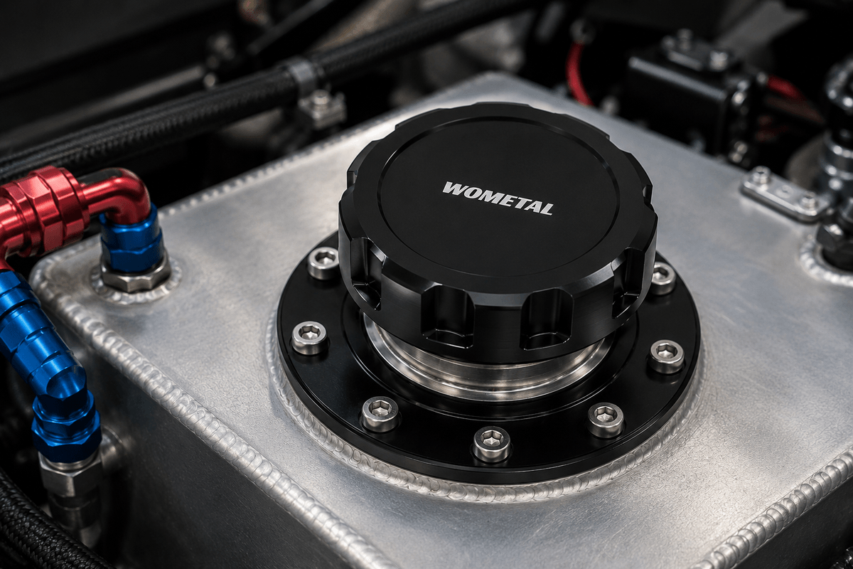 Vented fuel cap installed on custom aluminum fuel tank for motorsport and fuel system applications Vented fuel cap installed on custom aluminum fuel tank for motorsport and fuel system applications