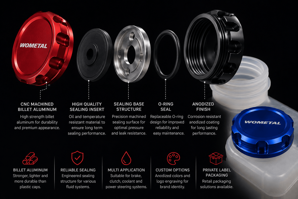 Internal structure of billet aluminum reservoir cap showing CNC machined components sealing insert O-ring assembly and precision threaded design Internal structure of billet aluminum reservoir cap showing CNC machined components sealing insert O-ring assembly and precision threaded design