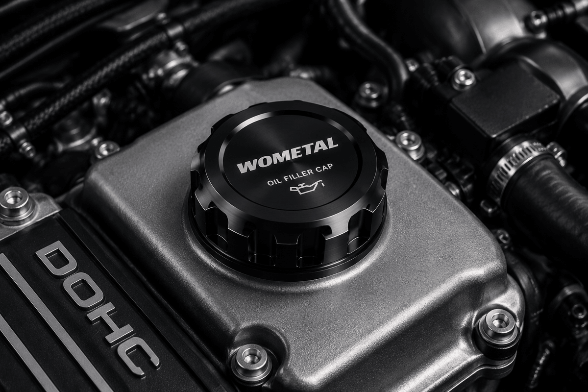Billet aluminum oil filler cap installed on performance engine with CNC machined construction and premium anodized finish Billet aluminum oil filler cap installed on performance engine with CNC machined construction and premium anodized finish