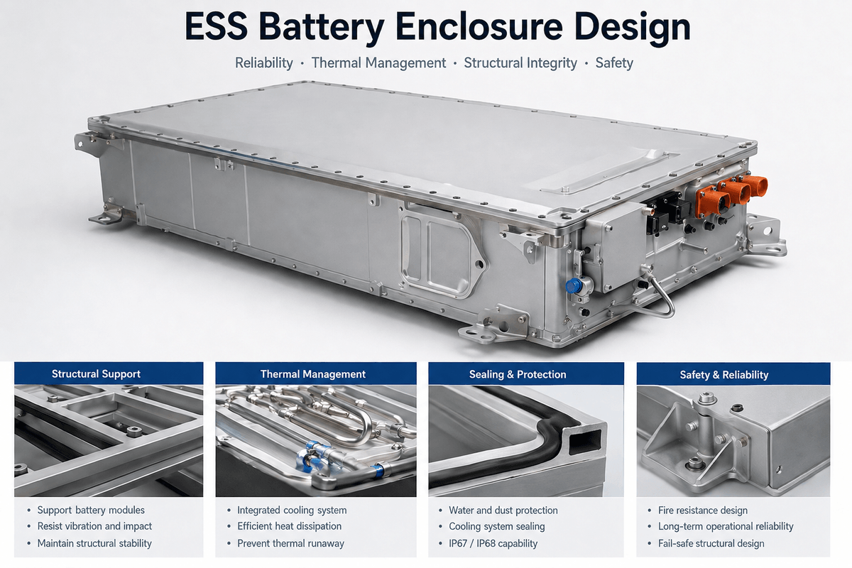 ESS battery enclosure design showing structural support, sealing, and thermal management considerations ESS battery enclosure design showing structural support, sealing, and thermal management considerations
