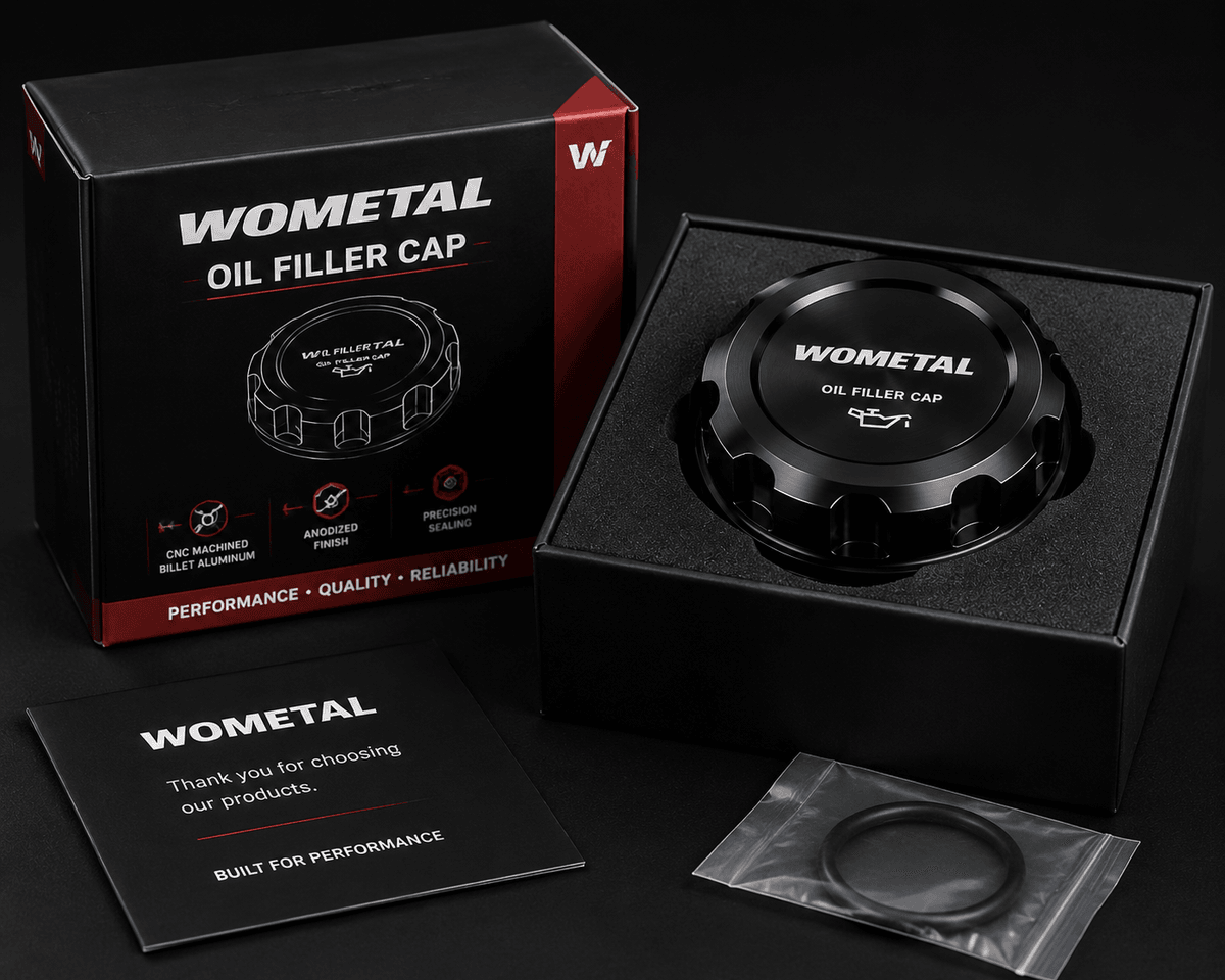Premium retail packaging for billet aluminum oil filler caps with custom branding, foam insert protection, and private label development options Premium retail packaging for billet aluminum oil filler caps with custom branding, foam insert protection, and private label development options