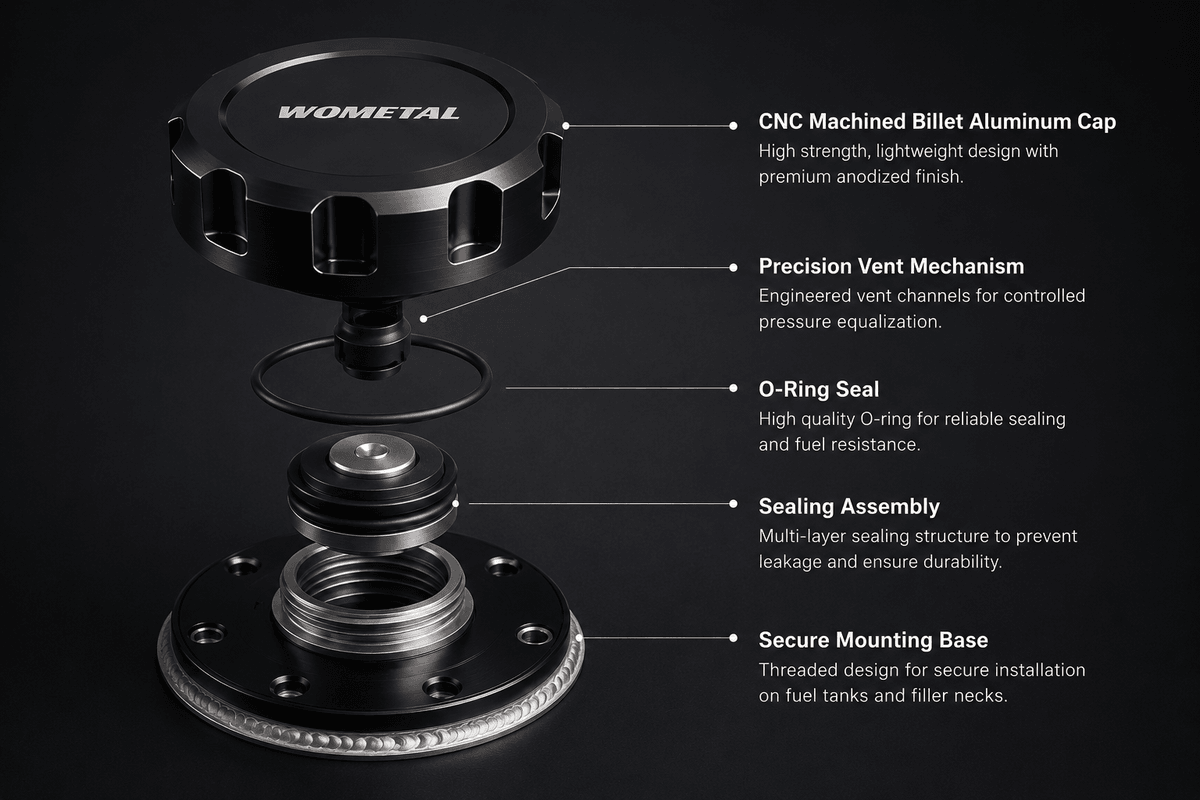 Internal structure of billet aluminum vented fuel cap showing vent mechanism sealing assembly and threaded mounting design Internal structure of billet aluminum vented fuel cap showing vent mechanism sealing assembly and threaded mounting design