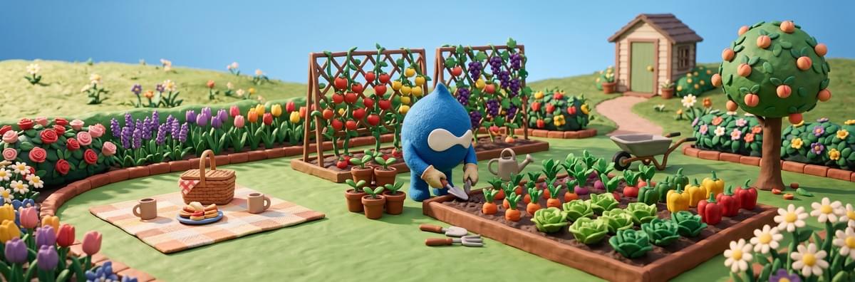 A 3:1 image of a plushy Drupal icon gardening in their perfectly manicured garden with flowers, fruits, vegetables, and even a tree, with a picnic blanket to sit on. A 3:1 image of a plushy Drupal icon gardening in their perfectly manicured garden with flowers, fruits, vegetables, and even a tree, with a picnic blanket to sit on.