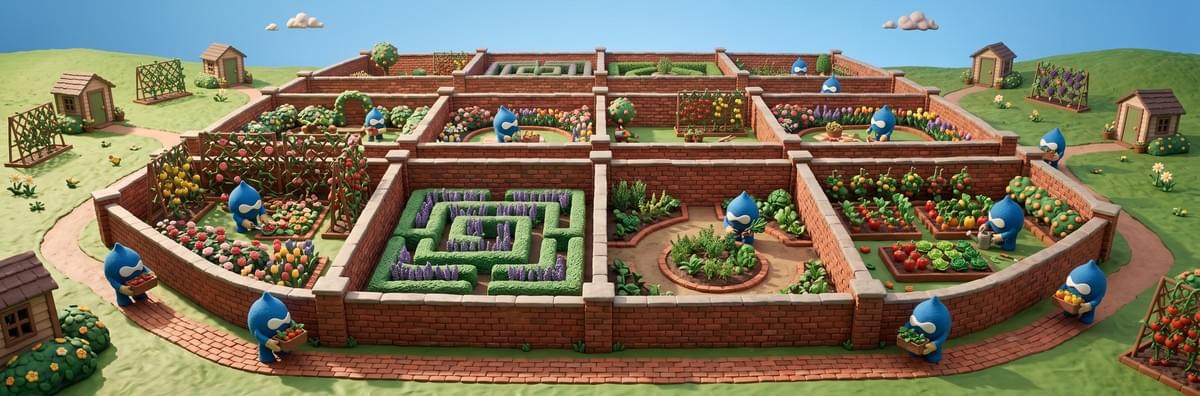 A 3:1 image of a community of gardens with plushy Drupal icons gardening in their own unique garden. Each garden is now surrounded by brick walls to prevent any cross-pollination or transplantation. A 3:1 image of a community of gardens with plushy Drupal icons gardening in their own unique garden. Each garden is now surrounded by brick walls to prevent any cross-pollination or transplantation.