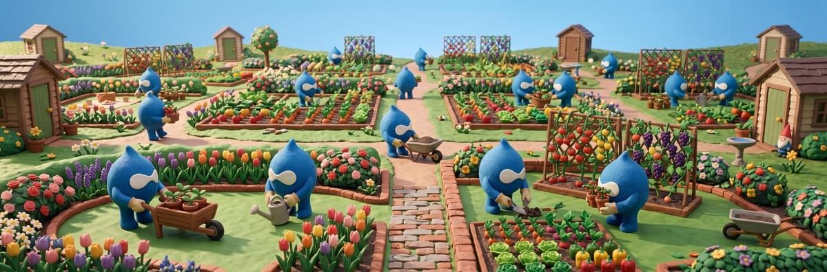 A 3:1 image of a community of gardens with plushy Drupal icons gardening in their own unique gardens. Some gardens have 2-3 Drupal icons gardening together. Drupal icons carry plants, move soil in wheelbarrows, hold watering cans, and walk between the gardens. A 3:1 image of a community of gardens with plushy Drupal icons gardening in their own unique gardens. Some gardens have 2-3 Drupal icons gardening together. Drupal icons carry plants, move soil in wheelbarrows, hold watering cans, and walk between the gardens.