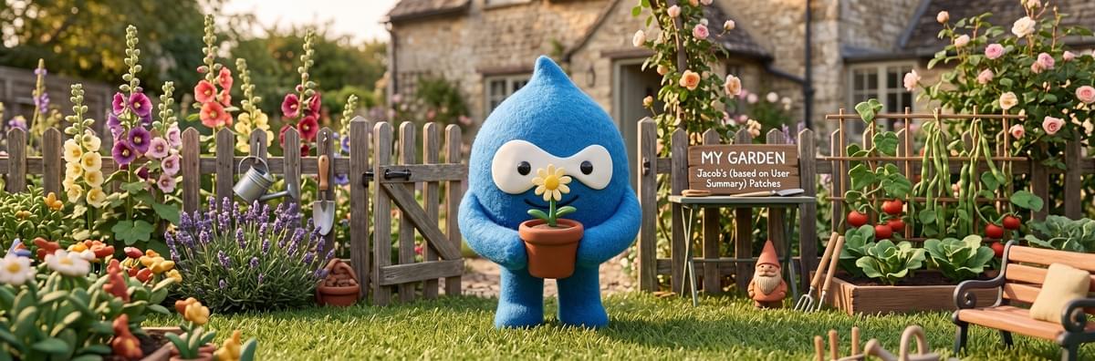 A 3:1 image of the same plushy Drupal icon holding a daisy in a pot outside someone's personal garden. A 3:1 image of the same plushy Drupal icon holding a daisy in a pot outside someone's personal garden.