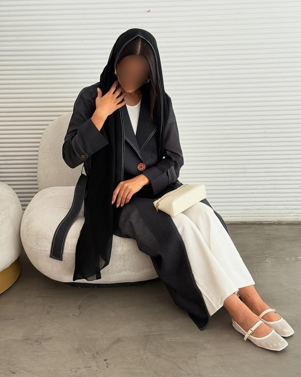 Contrast Stitching Abaya Coat OEM Black Linen Blazer Abaya with Contrast White Stitching