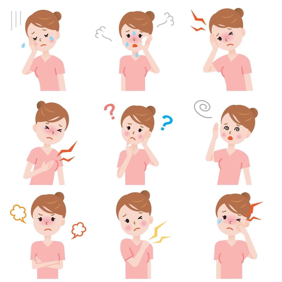 9 Cartoon Images of a Woman Experiencing Menopausal Symptoms of Depression, Hot Flashes, Night Sweats, Headaches, Migraines, Breast Tenderness, Memory Loss, Exhaustion, Fatigue, and Insomnia  9 Cartoon Images of a Woman Experiencing Menopausal Symptoms of Depression, Hot Flashes, Night Sweats, Headaches, Migraines, Breast Tenderness, Memory Loss, Exhaustion, Fatigue, and Insomnia