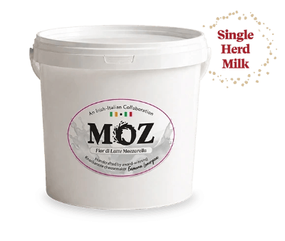 MOZ Fior di Latte mozzarella tub made with single-herd Irish milk. MOZ Fior di Latte mozzarella tub made with single-herd Irish milk.