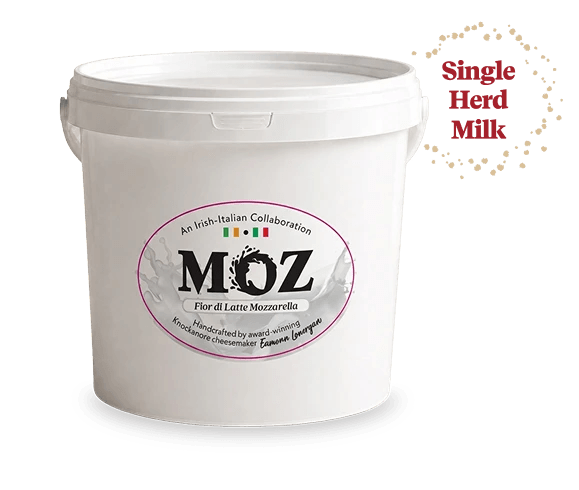 MOZ Fior di Latte mozzarella tub made with single-herd Irish milk. MOZ Fior di Latte mozzarella tub made with single-herd Irish milk.