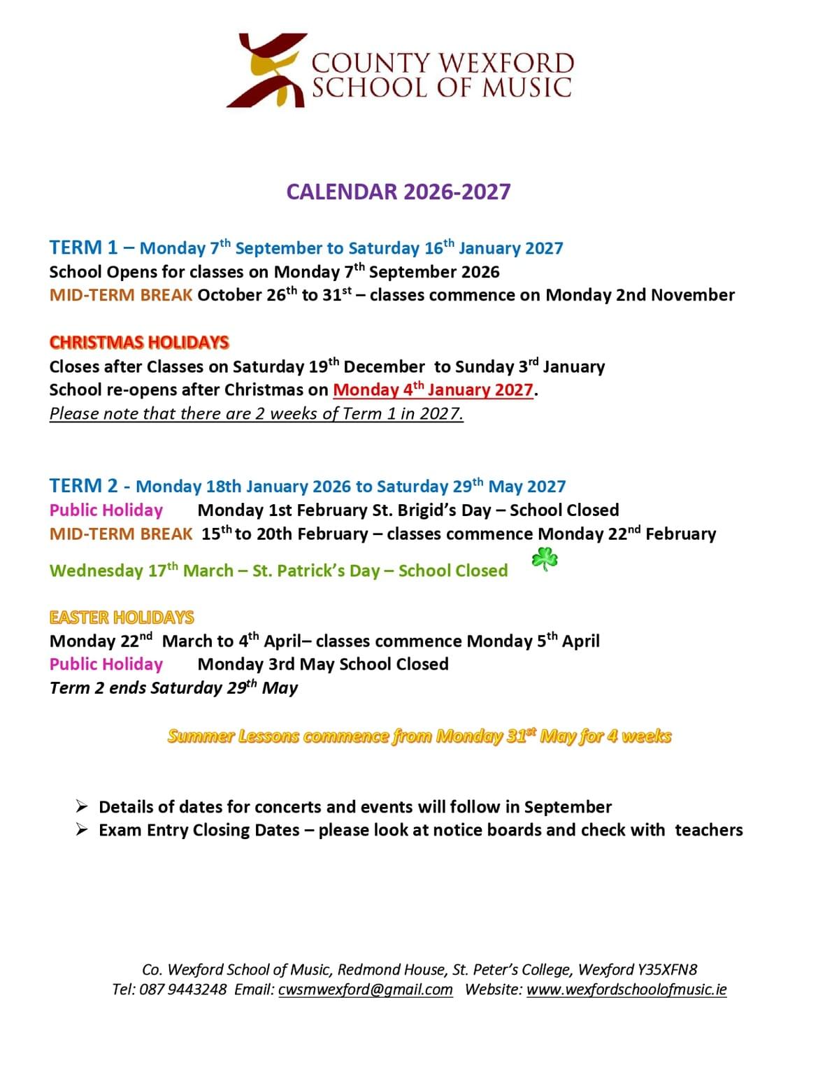 County Wexford School of Music School Calendar County Wexford School of Music School Calendar