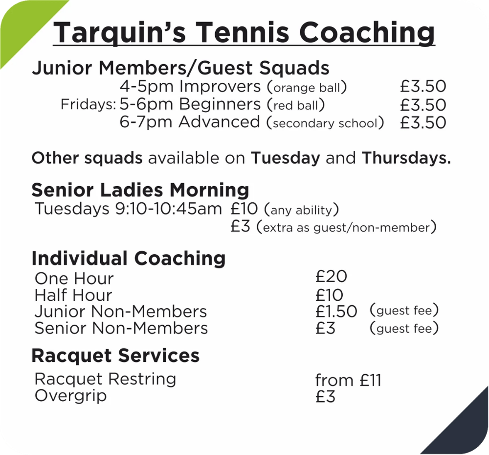 Tarquin Coaching Schedule at Formby Holy Trinity Tennis Club. Tarquin Coaching Schedule at Formby Holy Trinity Tennis Club.