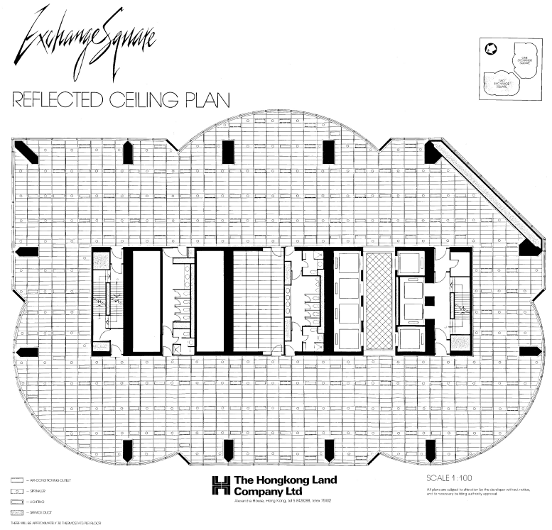 Reflected ceiling plan of a full office floor in Two Exchange Square (mid zone), Central Hong Kong, showing the 1200 × 600 mm metal-tile grid, core blocks and service zones (A/C, sprinklers, lighting panels) as required by Hongkong Land BMO. Reflected ceiling plan of a full office floor in Two Exchange Square (mid zone), Central Hong Kong, showing the 1200 × 600 mm metal-tile grid, core blocks and service zones (A/C, sprinklers, lighting panels) as required by Hongkong Land BMO.