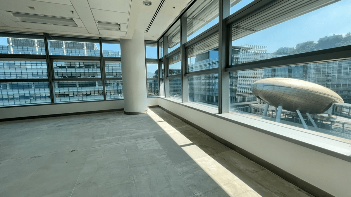 Completion Photo of the Reinstatement Unit: “Bare-shell office interior looking out over Science Park’s iconic Golden Egg pod after reinstatement.” Completion Photo of the Reinstatement Unit: “Bare-shell office interior looking out over Science Park’s iconic Golden Egg pod after reinstatement.”