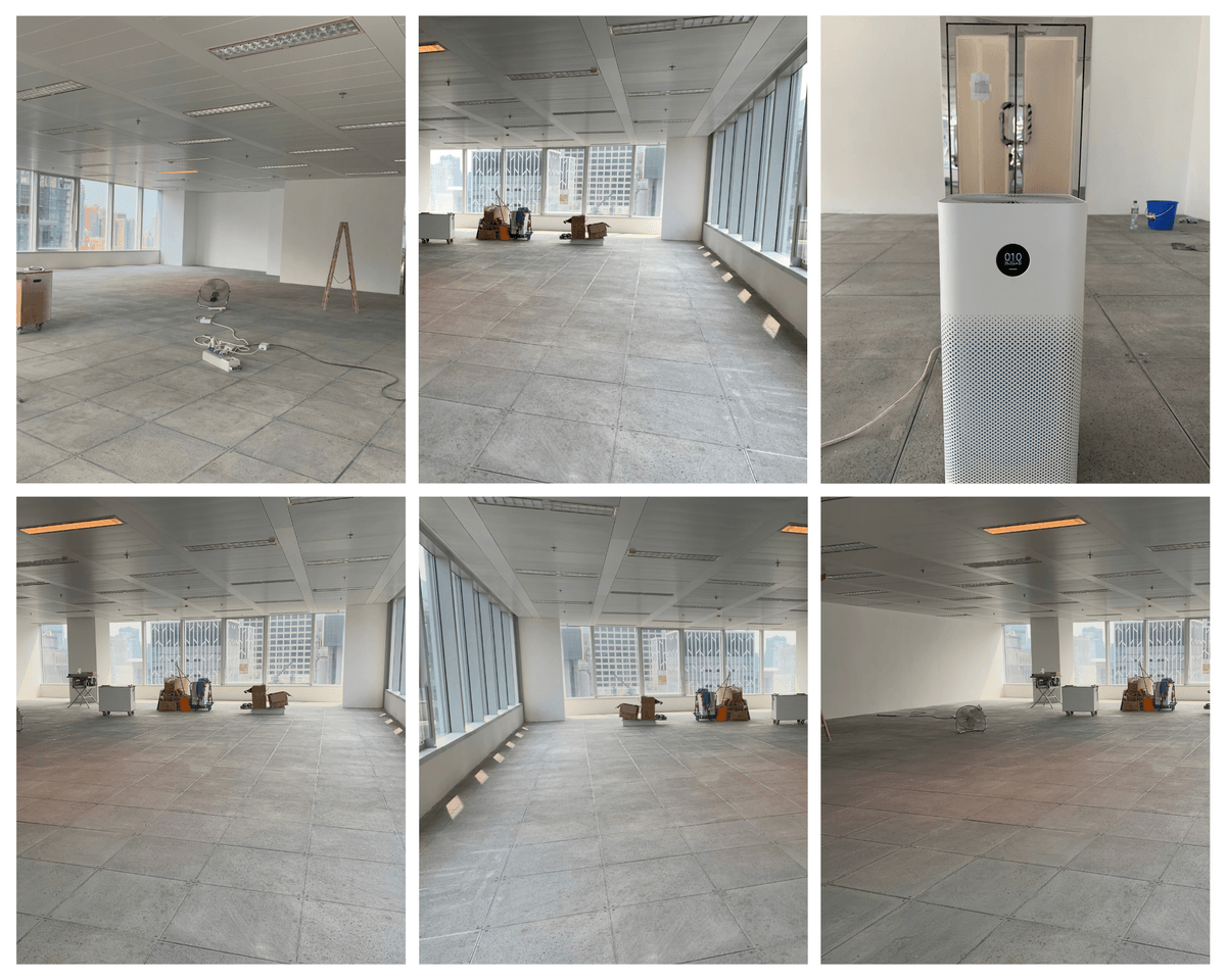 Six-frame collage of reinstated 2,500 sq ft floor at Man Yee Building: clean concrete raised floor, repainted walls, exposed slab, portable air-quality meter reading 9 µg/m³ Six-frame collage of reinstated 2,500 sq ft floor at Man Yee Building: clean concrete raised floor, repainted walls, exposed slab, portable air-quality meter reading 9 µg/m³