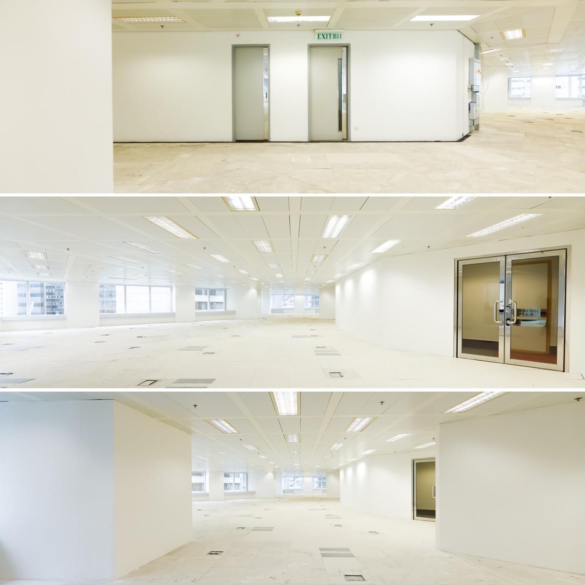 Completed bare-shell office at The Centre after reinstatement—white walls, metal ceiling, raised-floor panels and new public corridor doors Completed bare-shell office at The Centre after reinstatement—white walls, metal ceiling, raised-floor panels and new public corridor doors