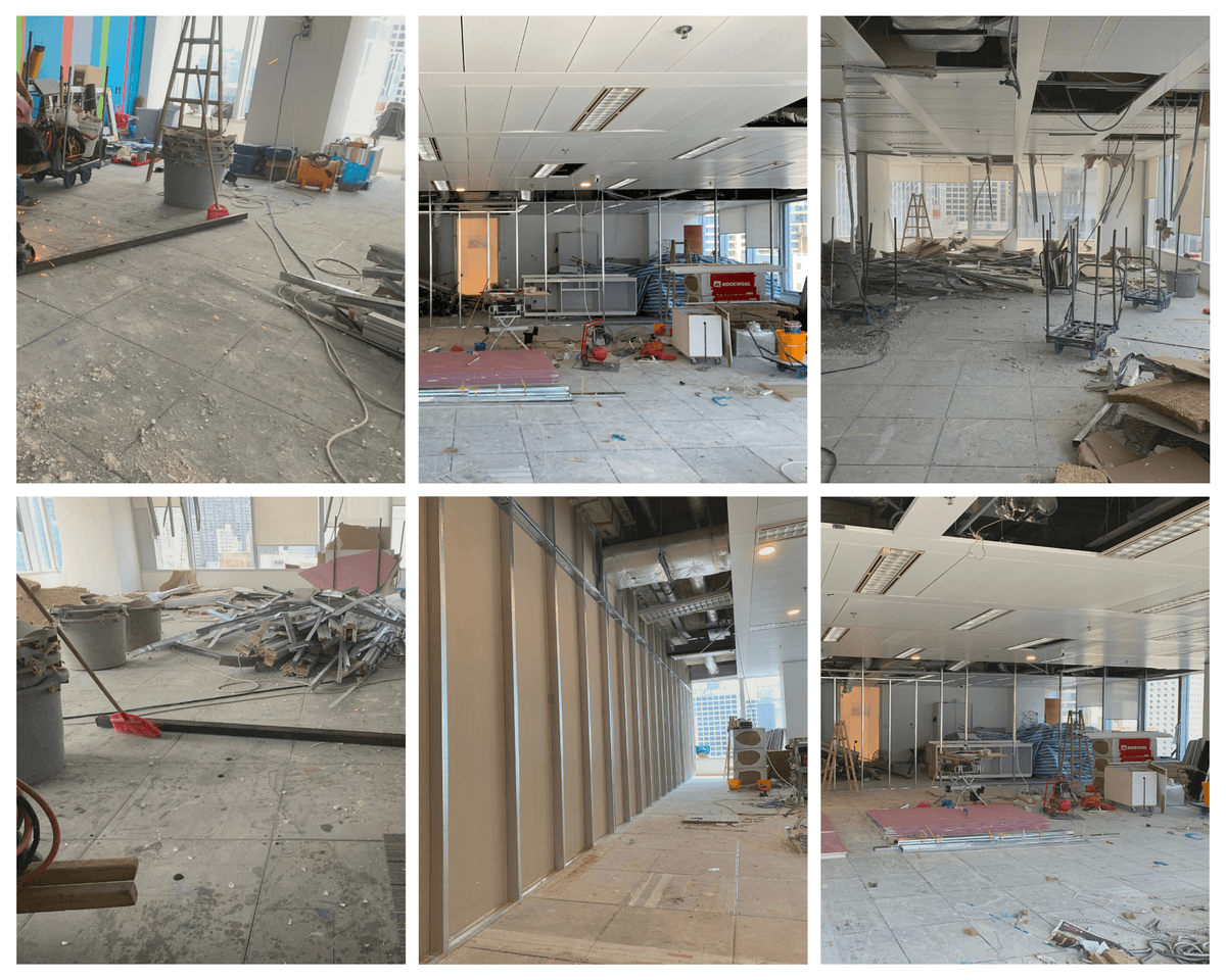 Six-frame collage of Man Yee Building unit during strip-out: raised-floor tiles lifted, partitions demolished, ceiling grids exposed and construction debris piled for removal Six-frame collage of Man Yee Building unit during strip-out: raised-floor tiles lifted, partitions demolished, ceiling grids exposed and construction debris piled for removal