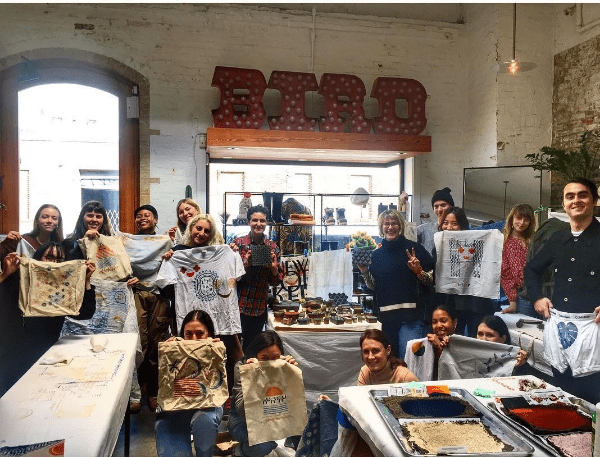 Happy group following creative traditional indian block printing workshop Happy group following creative traditional indian block printing workshop