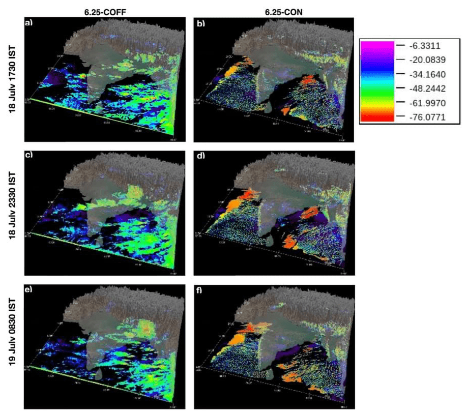 This figure shows model simulated cloud top temperatures (degree Celsius) for 6.25 km explicit and parameterized experiments. (Konduru and Takahashi 2020)  This figure shows model simulated cloud top temperatures (degree Celsius) for 6.25 km explicit and parameterized experiments. (Konduru and Takahashi 2020)