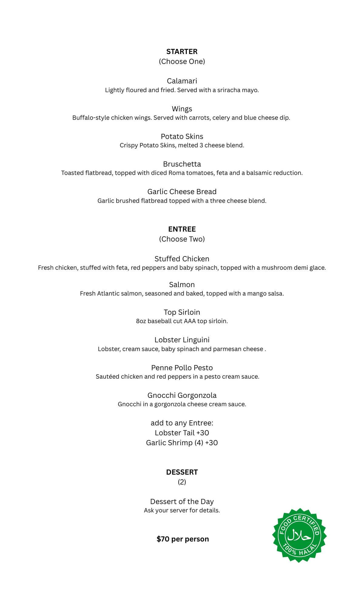 100% HS Halal Dinner for 2 Special Menu at Sheikh's Steakhouse 100% HS Halal Dinner for 2 Special Menu at Sheikh's Steakhouse