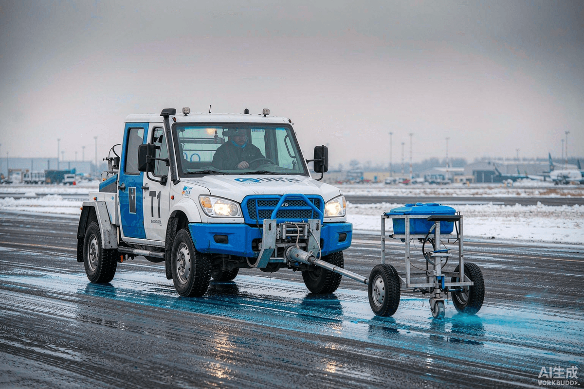 A runway friction tester measuring friction on a wet, snow-contaminated runway during winter operations. A runway friction tester measuring friction on a wet, snow-contaminated runway during winter operations.