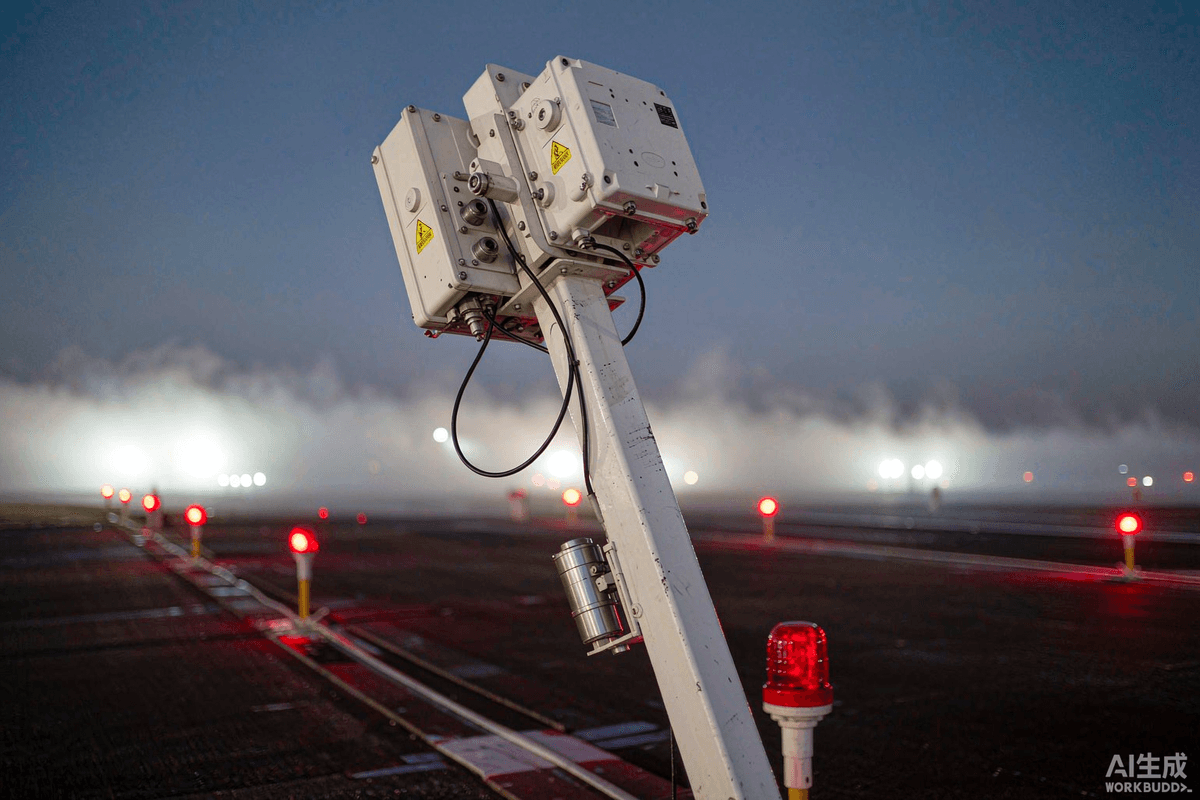 RVR transmissometer and forward-scatter sensors at the runway edge, feeding the visibility data that governs low-visibility approach minimums. RVR transmissometer and forward-scatter sensors at the runway edge, feeding the visibility data that governs low-visibility approach minimums.