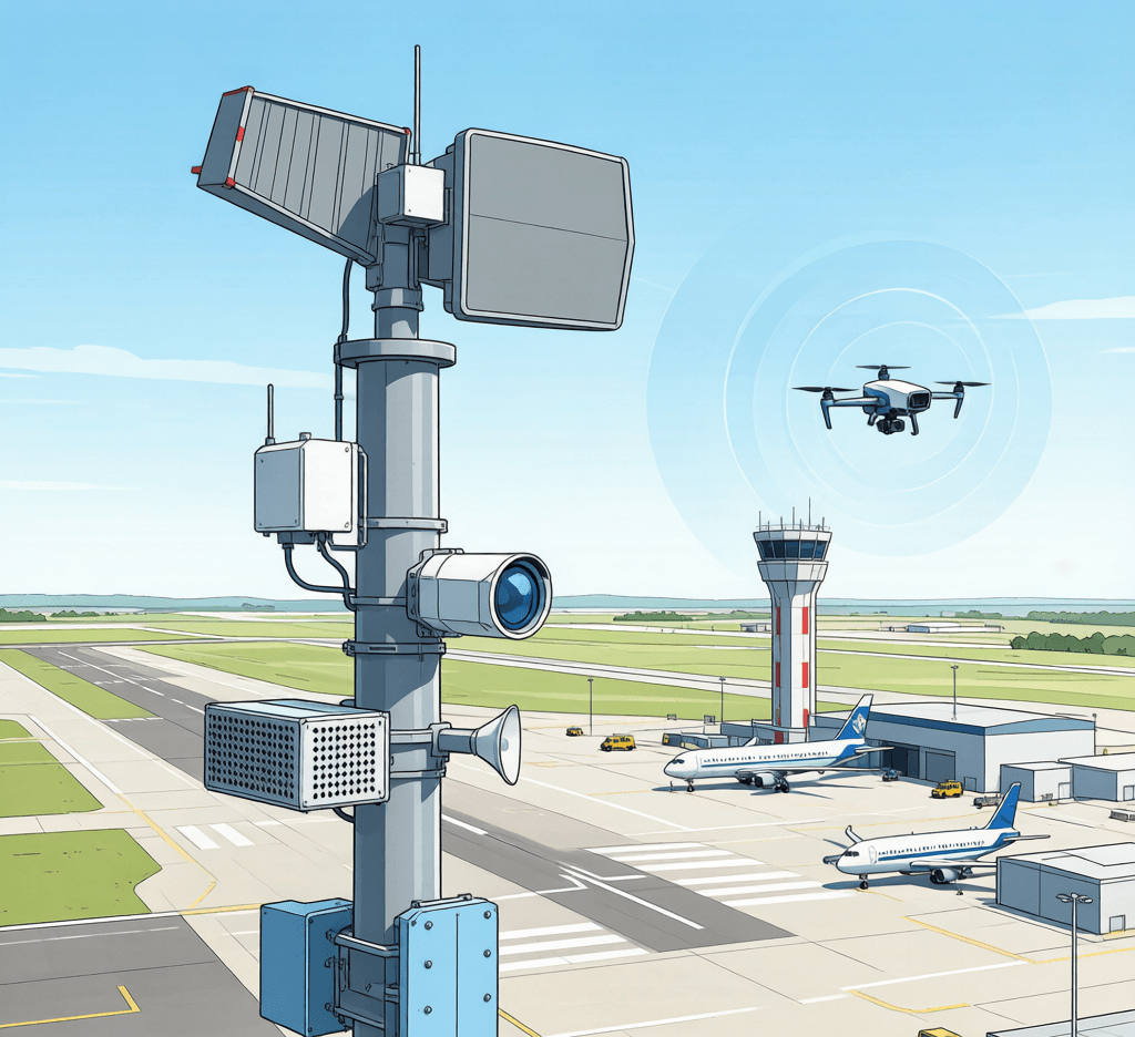 Anti-drone jamming system with RF antenna array deployed at an airport perimeter for counter-UAV defense Anti-drone jamming system with RF antenna array deployed at an airport perimeter for counter-UAV defense