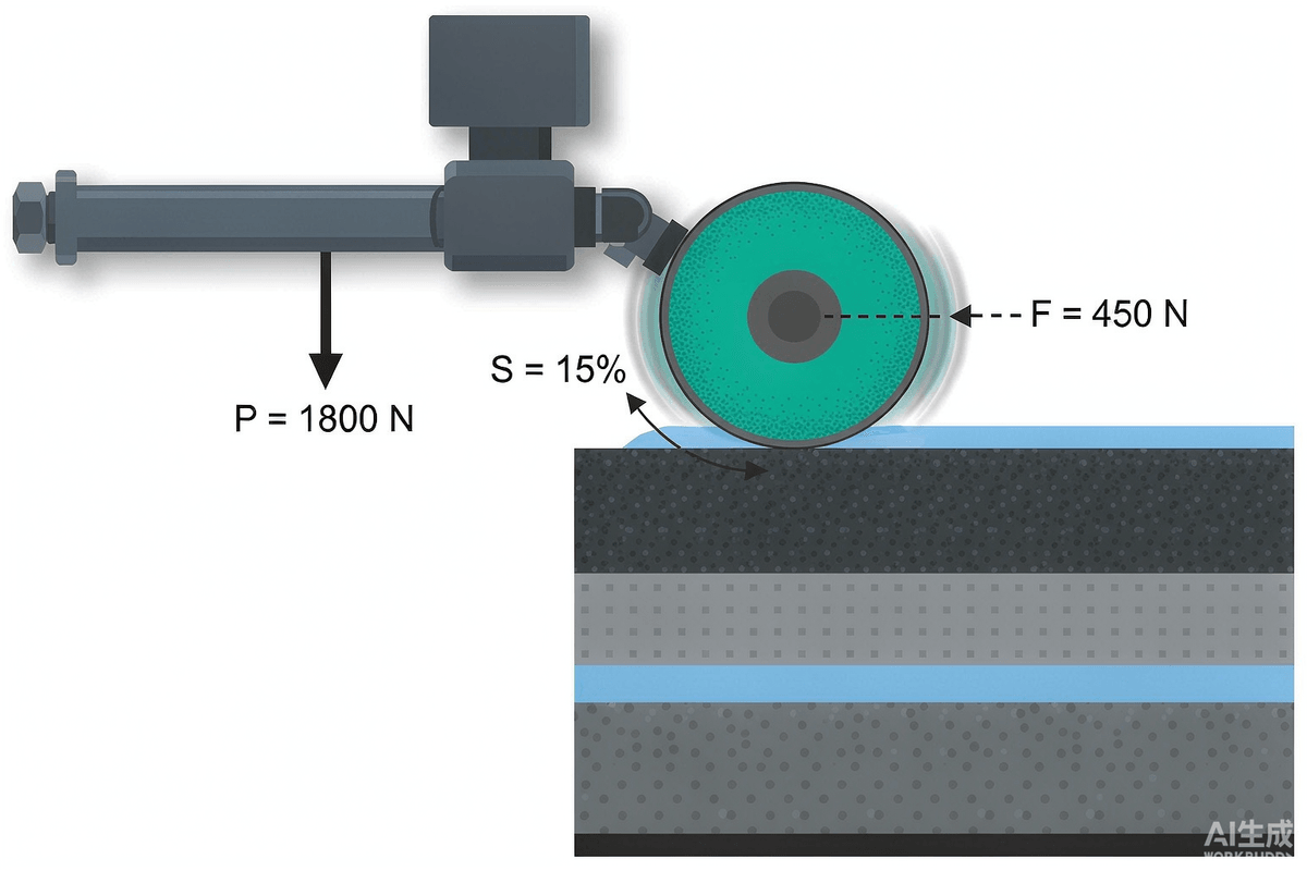 The continuous friction measurement principle: a measuring wheel runs at a controlled slip ratio (≈15%) while force transducers record vertical load and horizontal tractive force, yielding μ = F/V. The continuous friction measurement principle: a measuring wheel runs at a controlled slip ratio (≈15%) while force transducers record vertical load and horizontal tractive force, yielding μ = F/V.