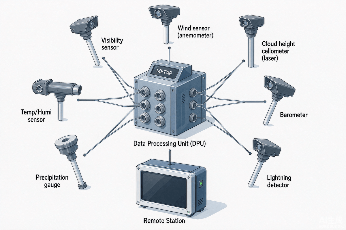 AWOS component architecture: field sensors feed a central data processing unit that generates METAR/SPECI reports and distributes them to ATC, pilots, and forecast systems. AWOS component architecture: field sensors feed a central data processing unit that generates METAR/SPECI reports and distributes them to ATC, pilots, and forecast systems.