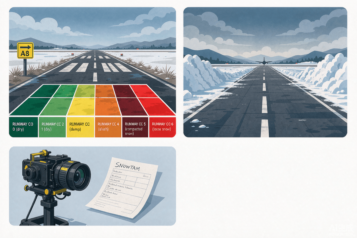 The ICAO Global Reporting Format: runways are assessed in thirds using the Runway Condition Assessment Matrix, and results (RWYCC 0–6) are published via SNOWTAM and ATIS. The ICAO Global Reporting Format: runways are assessed in thirds using the Runway Condition Assessment Matrix, and results (RWYCC 0–6) are published via SNOWTAM and ATIS.