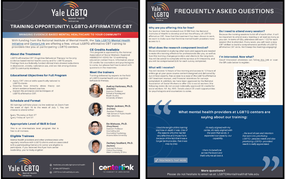 Click to view enrollment and participation details in FREE LGBTQ-affirming CBT training for mental health providers from the Yale LGBTQ Mental Health Initiative and CenterLInk Click to view enrollment and participation details in FREE LGBTQ-affirming CBT training for mental health providers from the Yale LGBTQ Mental Health Initiative and CenterLInk