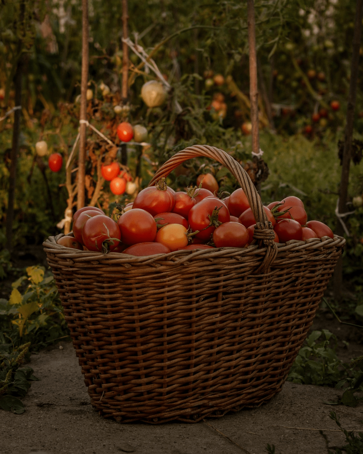 A basket full of sun ripened heirloom tomatoes with the tomato garden in the background. A basket full of sun ripened heirloom tomatoes with the tomato garden in the background.