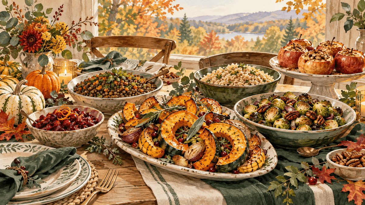 Holiday table with vegetables, legumes, grains, and baked apples. AI-generated illustration. Holiday table with vegetables, legumes, grains, and baked apples. AI-generated illustration.