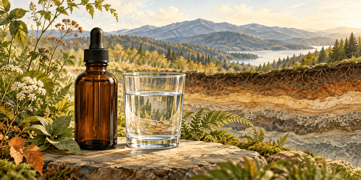 Conceptual illustration of a sealed dropper bottle, water, and earth layers. AI-generated. Conceptual illustration of a sealed dropper bottle, water, and earth layers. AI-generated.