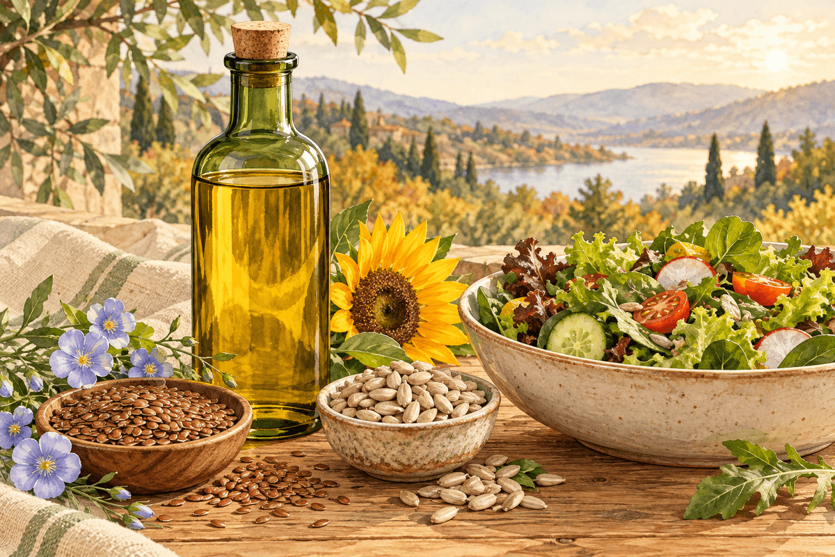 Generic plant oil bottle, seeds, and salad; not branded product packaging. AI-generated illustration. Generic plant oil bottle, seeds, and salad; not branded product packaging. AI-generated illustration.
