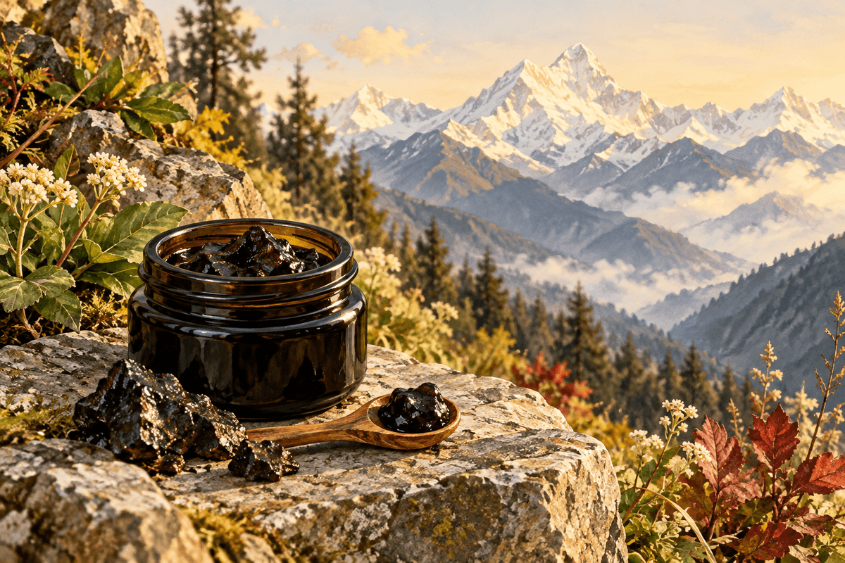 Unbranded jar of shilajit resin with a mountain landscape. AI-generated illustration. Unbranded jar of shilajit resin with a mountain landscape. AI-generated illustration.