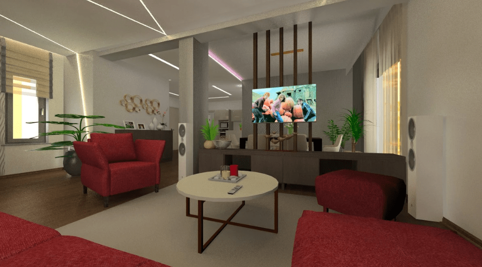 Illusztráció - Egy Budapest közelében lévő nyaraló nappalijáról készült 3D látványterv. Illusztráció - Egy Budapest közelében lévő nyaraló nappalijáról készült 3D látványterv.